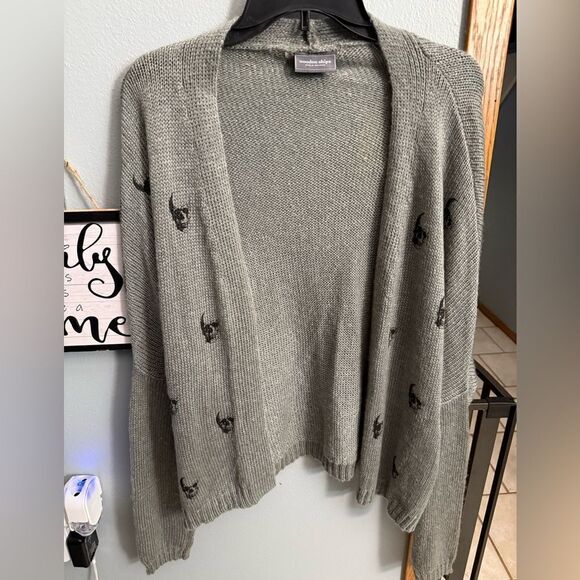 Wooden Ships Knits Wool Mohair Open Cardigan Skull Print Gray Size M/ L - Picture 5 of 8